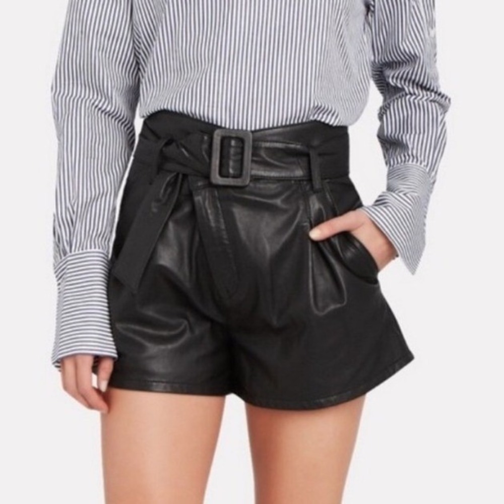 NWT MARISSA WEBB‎ Levi Leather Shorts Women's 0 Black Belted Pleated Lambskin